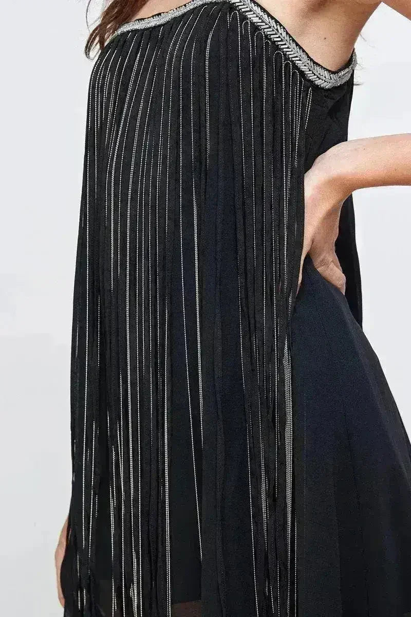 Chiffon A-Line Mini Dress Metallic Fringe - Femstylo