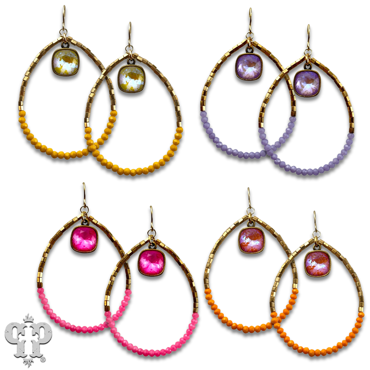 Square and seed bead teardrop earring, Austrian crystal - LC