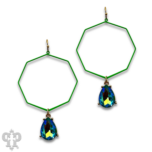 Neon octagon earring with rhinestone teardrop charm