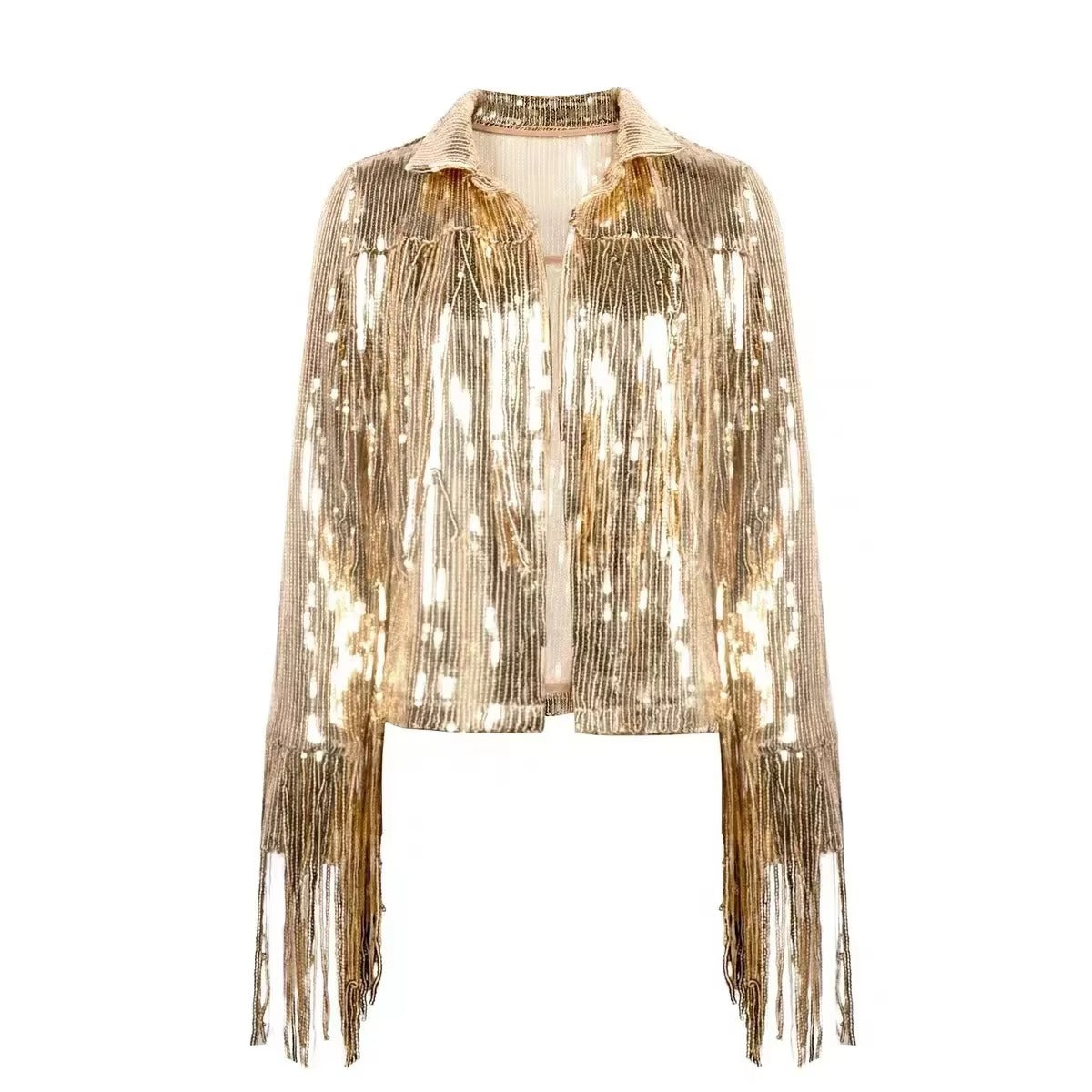 Sterlling Women's Tassel Sequin Jacket Autumn Winter Streewear Rock Stylish Long-sleeved Silver Reflective Jacket Women Outwear Tops
