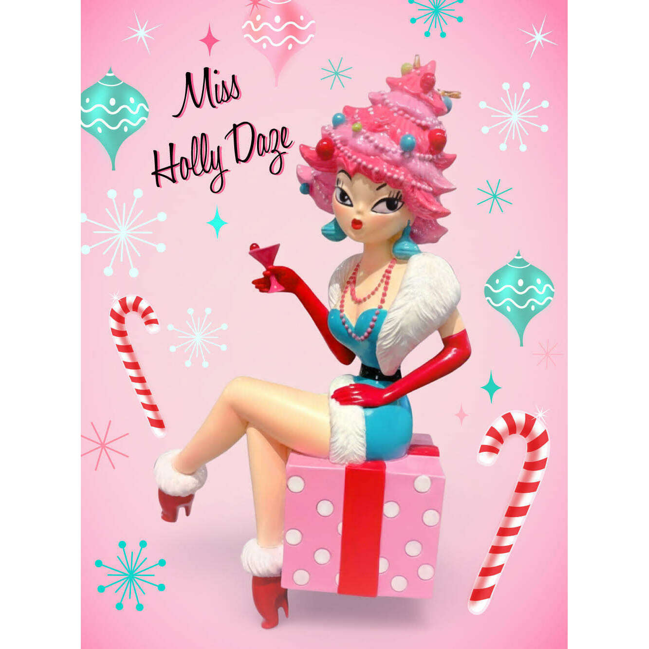 Miss Holly Daze 6.5" Martini Lady on Present Ornament | Miss Fluff December Diamonds