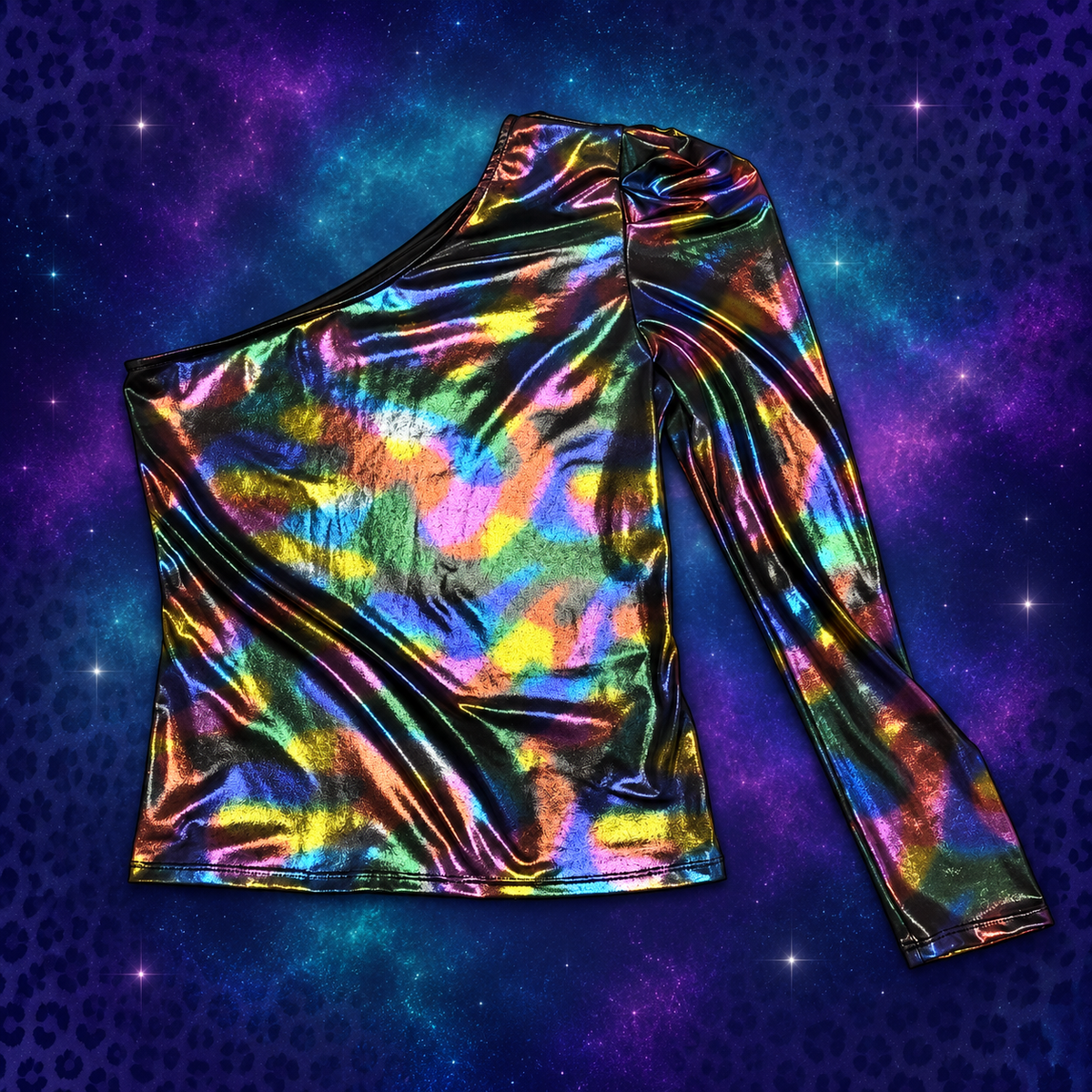 Love J metallic rainbow one shoulder top size large flat lay