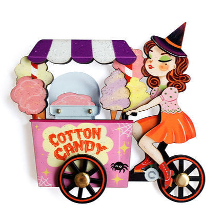 Witch w/ Cotton Candy Cart Brooch by Laliblue – Retro Kitschy Statement Brooch for Collectors