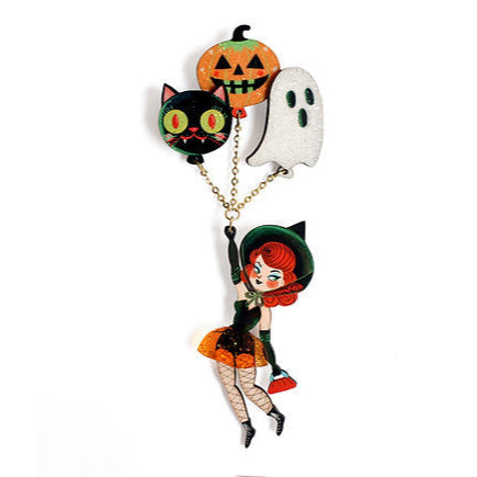 Witch with Balloons Brooch by Laliblue – Retro Kitschy Statement Brooch for Collectors