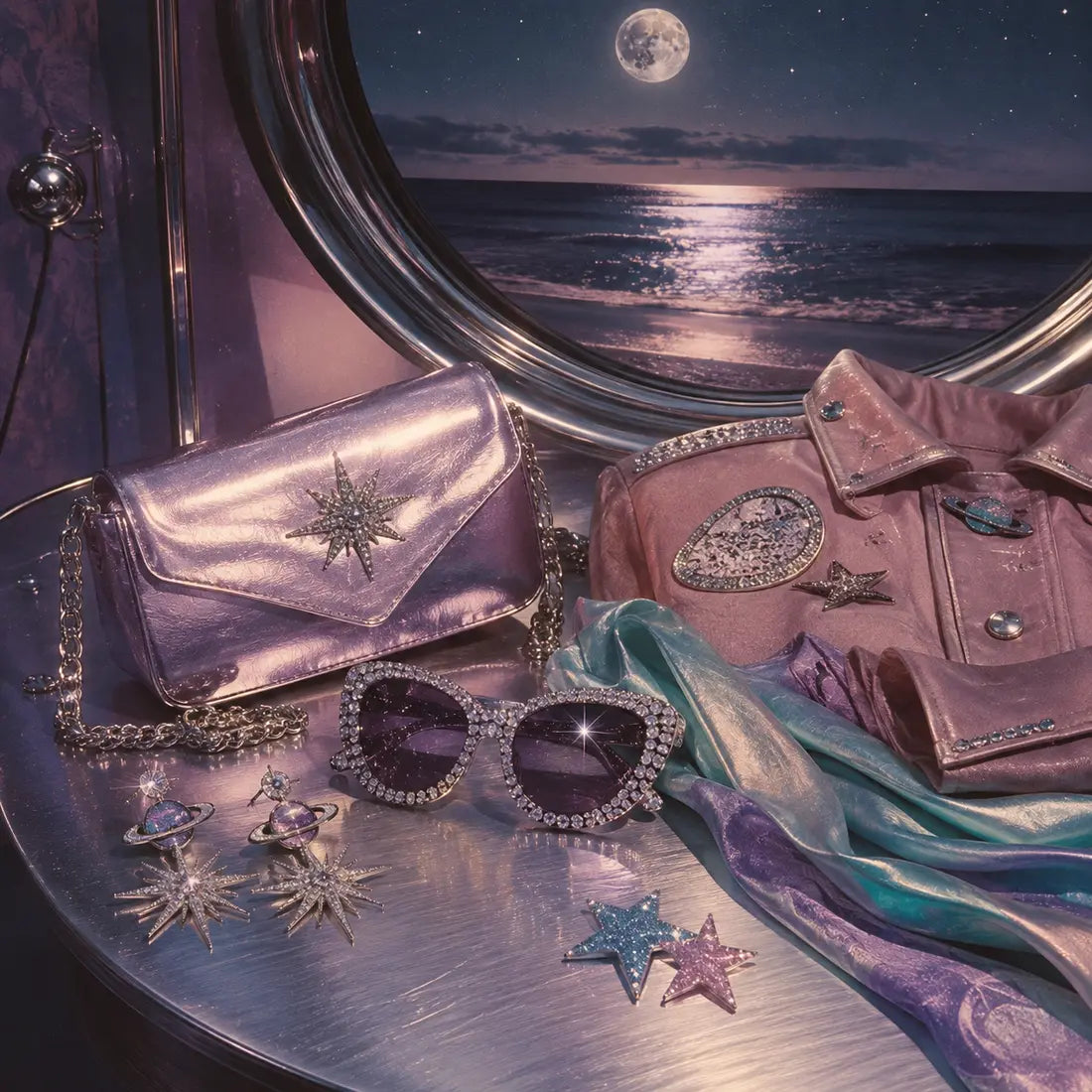 Rhinestone accessories, metallic bag, and custom jacket in a retro space boutique setting