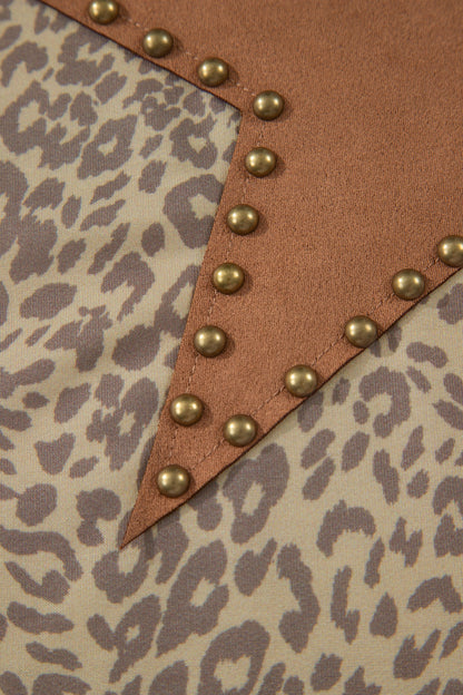 Khaki Leopard Retro Studded Star Patch Loose Tee