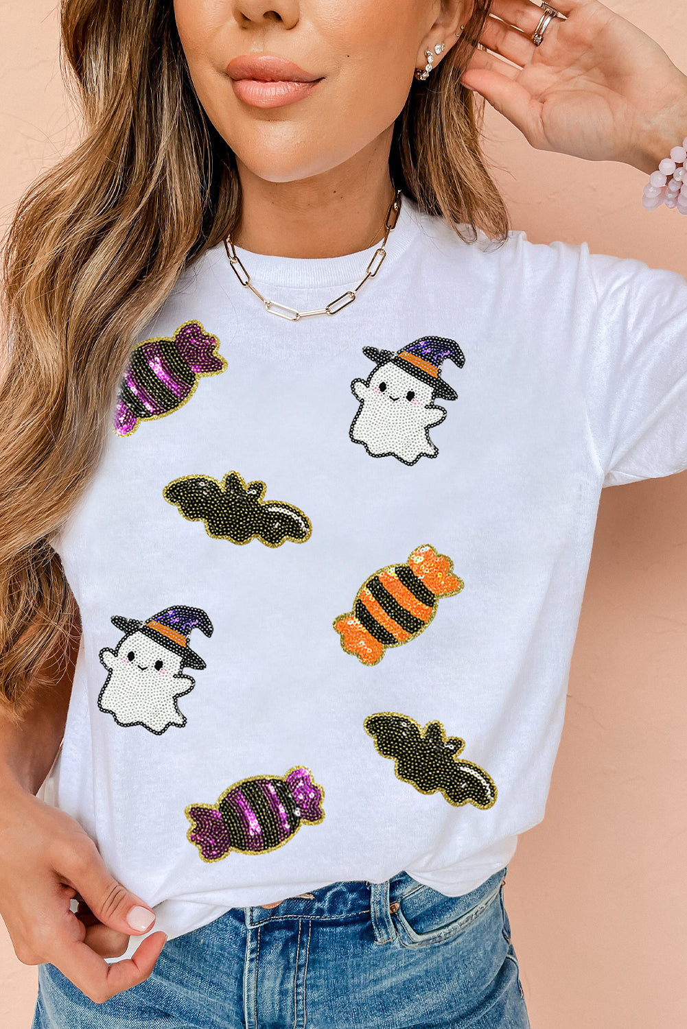 White Sequined Halloween Spirit Pattern Patched Custom Casual Tee