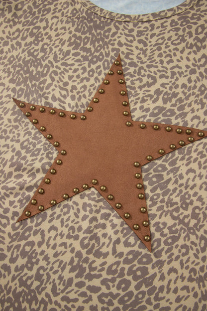 Khaki Leopard Retro Studded Star Patch Loose Tee