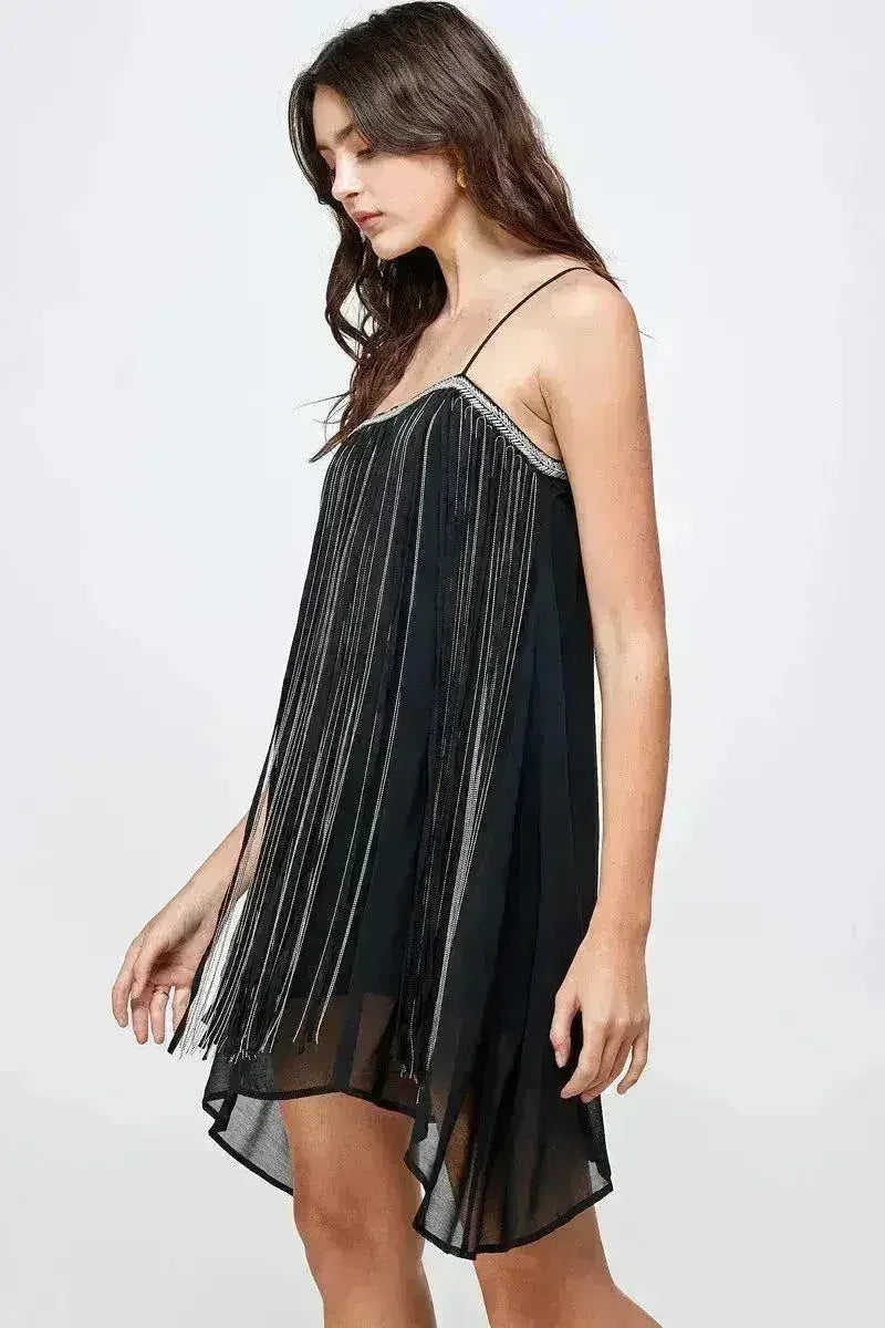 Chiffon A-Line Mini Dress Metallic Fringe - Femstylo
