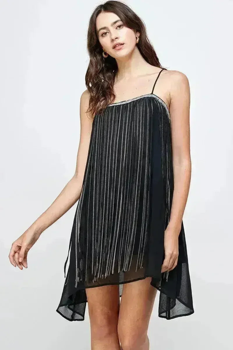 Chiffon A-Line Mini Dress Metallic Fringe - Femstylo