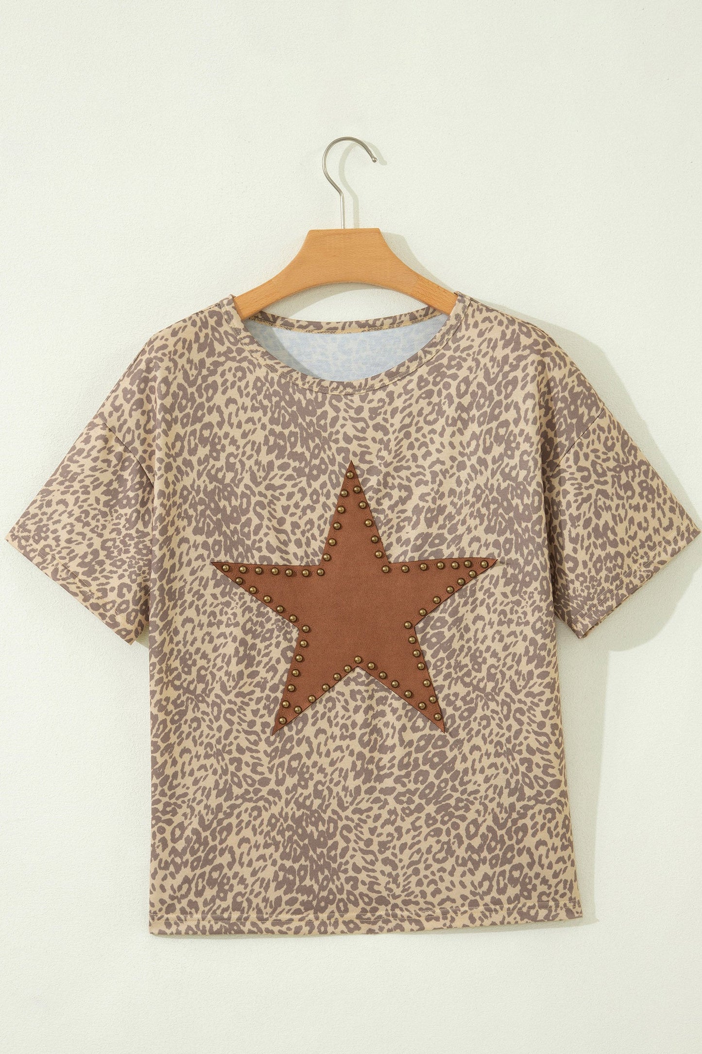 Khaki Leopard Retro Studded Star Patch Loose Tee