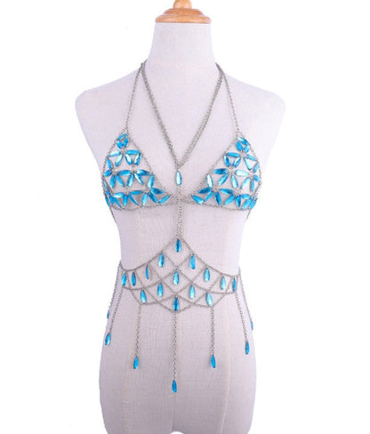 Queen Bling Metal Tassel Details Tank Tops Festival Rave Clothing Summer Sexy Backless Rave Body Chain Beach Tops