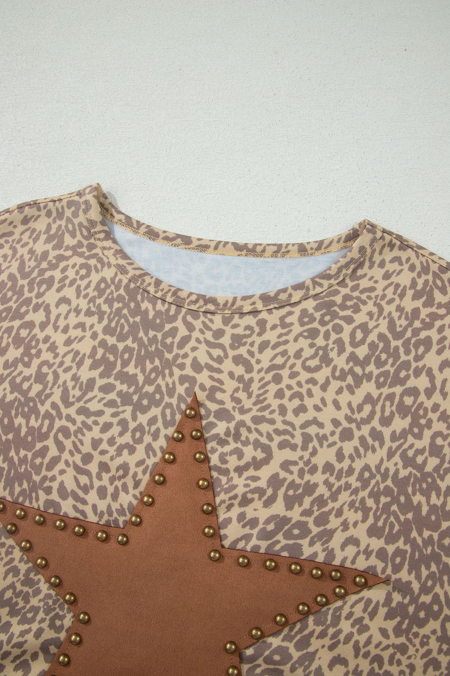 Khaki Leopard Retro Studded Star Patch Loose Tee