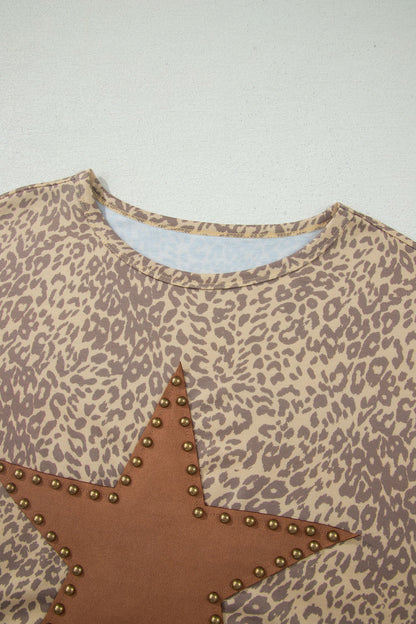 Khaki Leopard Retro Studded Star Patch Loose Tee