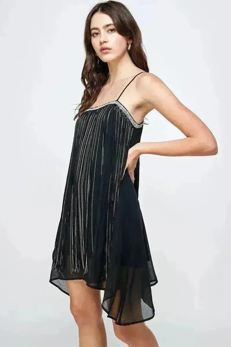 Chiffon A-Line Mini Dress Metallic Fringe - Femstylo