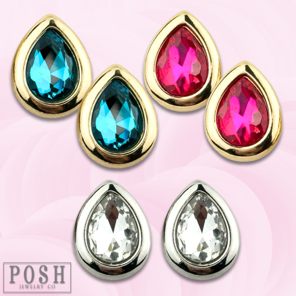 Metal tone rimmed rhinestone teardrop earring