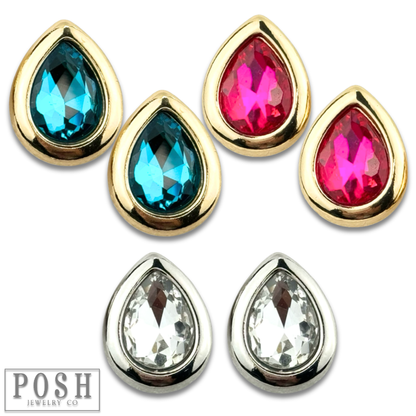 Metal tone rimmed rhinestone teardrop earring