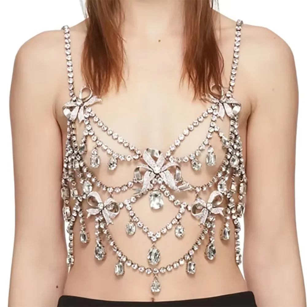 Exaggerated Rhinestone Butterfly Body Chain Top – Luxury Crystal Butterfly Pendant Bra Harness for Stage Costumes, Festivals & Raves