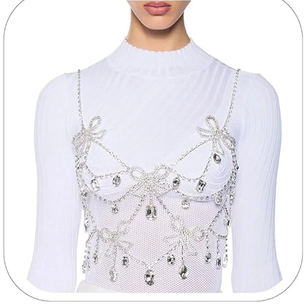 Exaggerated Rhinestone Butterfly Body Chain Top – Luxury Crystal Butterfly Pendant Bra Harness for Stage Costumes, Festivals & Raves