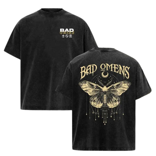 Bad Omens Moth Vintage Washed T-Shirt – Double-Sided Graphic Metalcore Tee, Lightweight Retro Cotton Band Merch