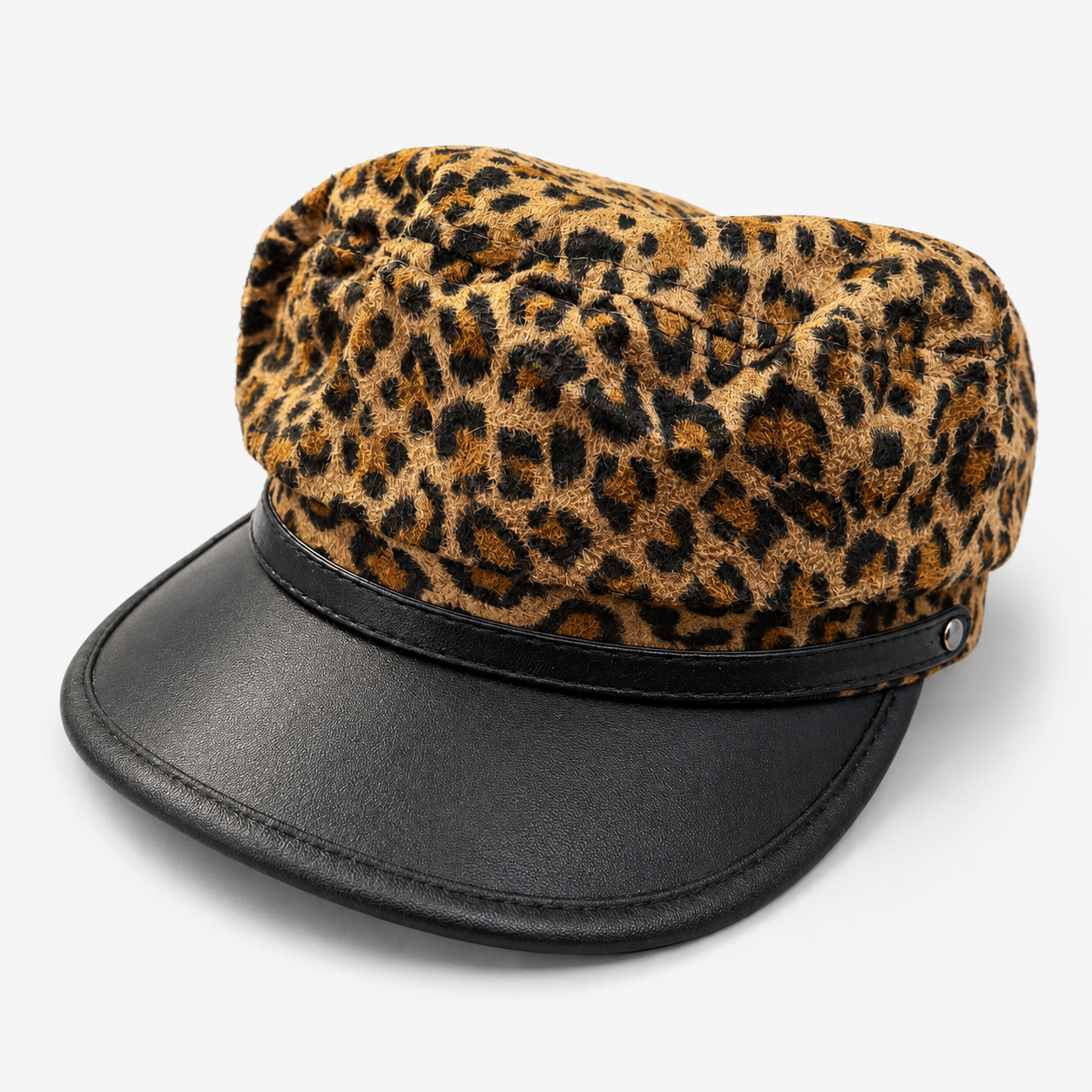 Leopard Faux-Fur Newsboy Cap with Faux-Leather Brim