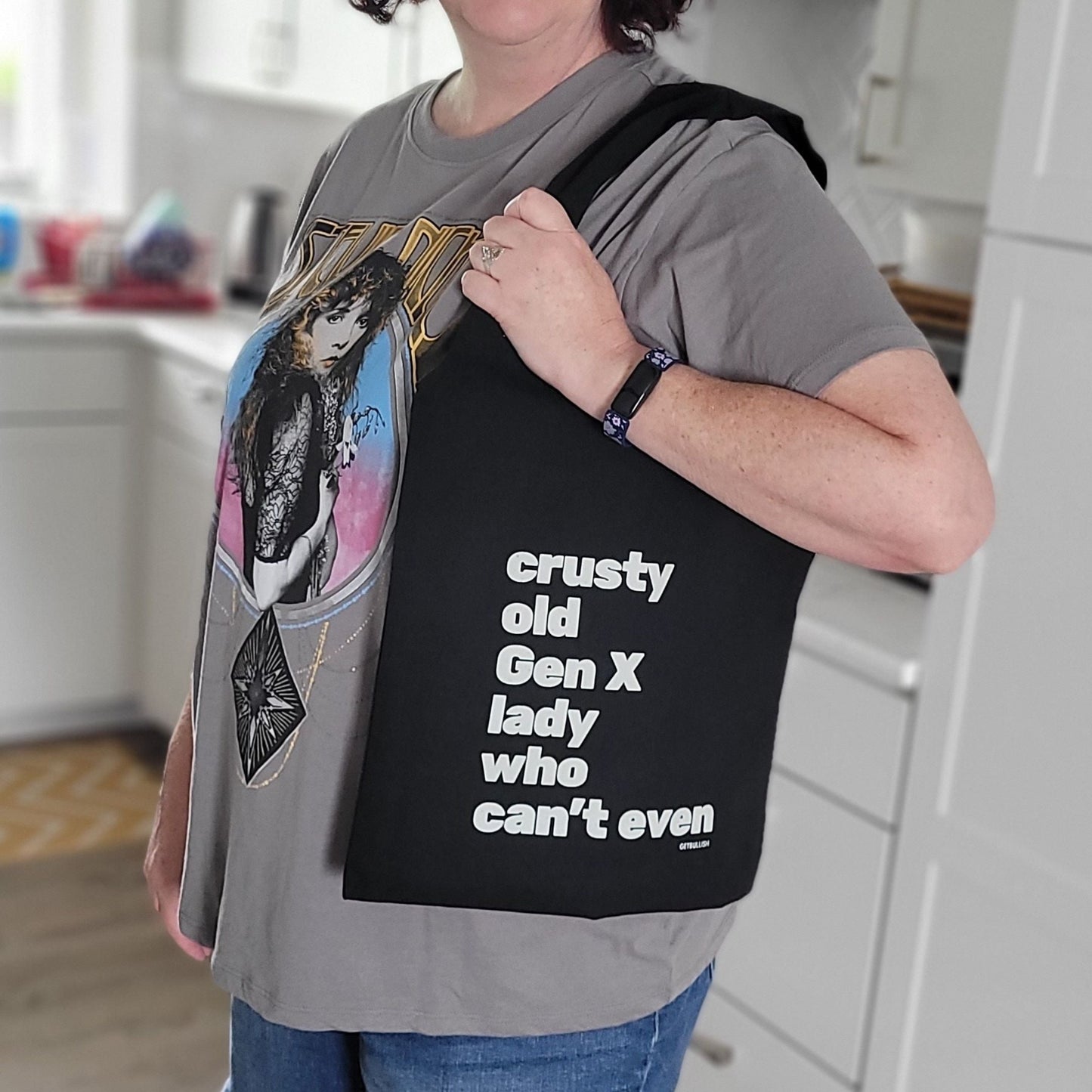 Crusty Old Gen X Lady Who Can't Even Keychain and Tote Bag Bundle | Motel Style Keyholder and Black Canvas Tote
