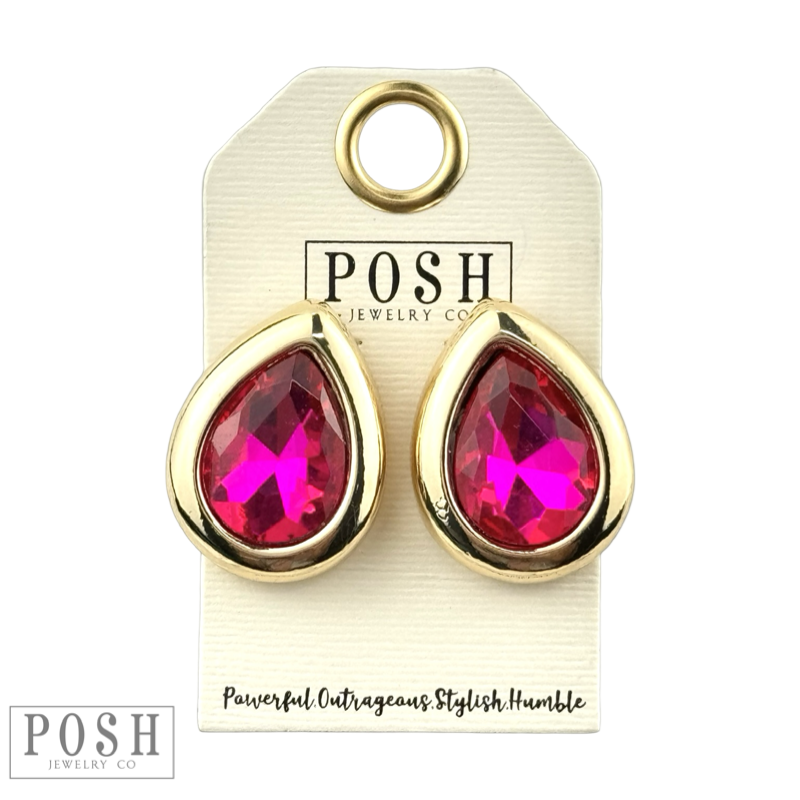 Metal tone rimmed rhinestone teardrop earring