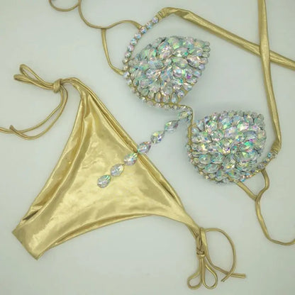 Geometric Bandage Tassel Bikini Set – Shimmering Rhinestone Fringe Swimsuit & Crystal Waist Accent Bathing Suit for Beach Clubs