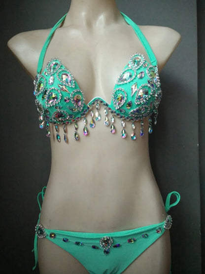 Sparkling Rhinestone Tassel Costume Bikini Set – Shimmering Crystal Fringe Bra & Belt Set for GoGo Dancers, Raves & Stage Performances