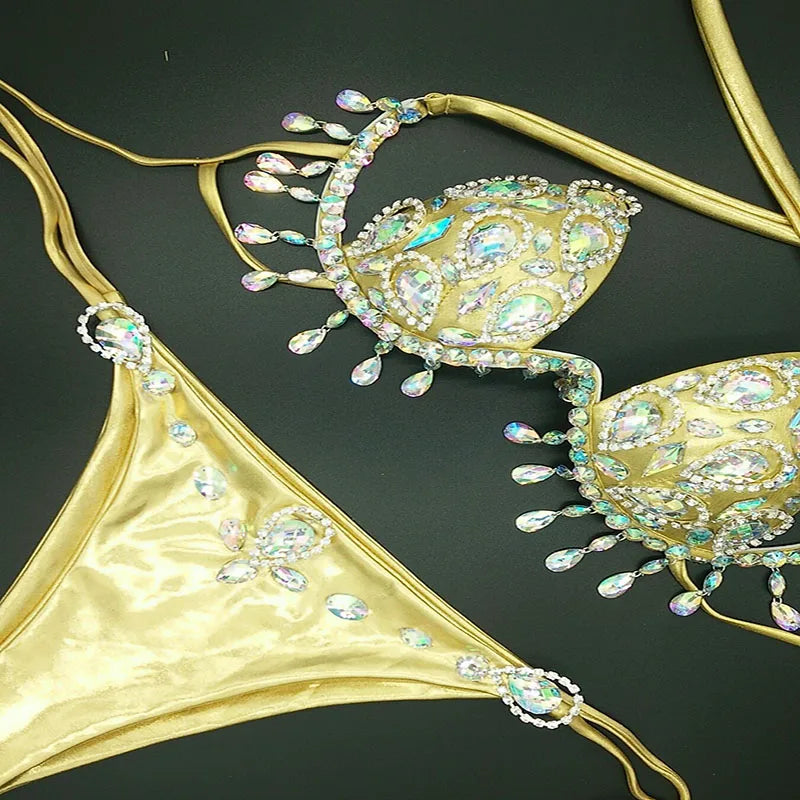 Sparkling Rhinestone Tassel Costume Bikini Set – Shimmering Crystal Fringe Bra & Belt Set for GoGo Dancers, Raves & Stage Performances