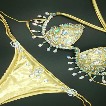 Sparkling Rhinestone Tassel Costume Bikini Set – Shimmering Crystal Fringe Bra & Belt Set for GoGo Dancers, Raves & Stage Performances