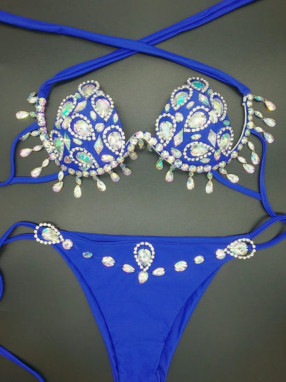 Sparkling Rhinestone Tassel Costume Bikini Set – Shimmering Crystal Fringe Bra & Belt Set for GoGo Dancers, Raves & Stage Performances