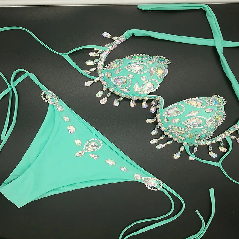 Sparkling Rhinestone Tassel Costume Bikini Set – Shimmering Crystal Fringe Bra & Belt Set for GoGo Dancers, Raves & Stage Performances