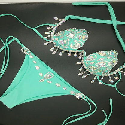 Sparkling Rhinestone Tassel Costume Bikini Set – Shimmering Crystal Fringe Bra & Belt Set for GoGo Dancers, Raves & Stage Performances
