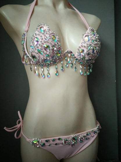 Sparkling Rhinestone Tassel Costume Bikini Set – Shimmering Crystal Fringe Bra & Belt Set for GoGo Dancers, Raves & Stage Performances