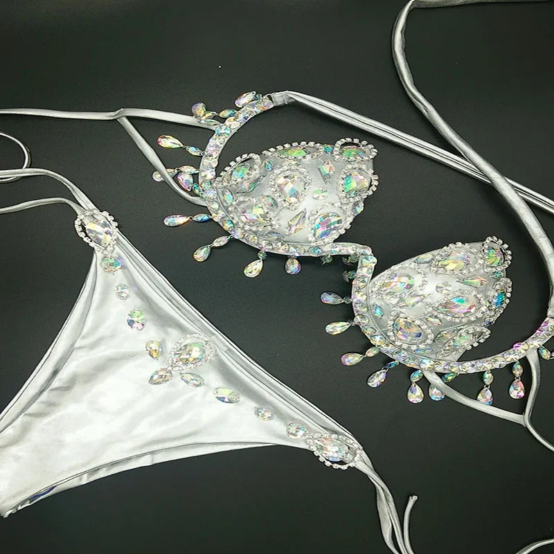 Sparkling Rhinestone Tassel Costume Bikini Set – Shimmering Crystal Fringe Bra & Belt Set for GoGo Dancers, Raves & Stage Performances