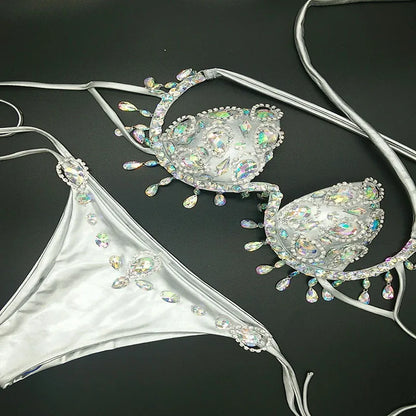 Sparkling Rhinestone Tassel Costume Bikini Set – Shimmering Crystal Fringe Bra & Belt Set for GoGo Dancers, Raves & Stage Performances