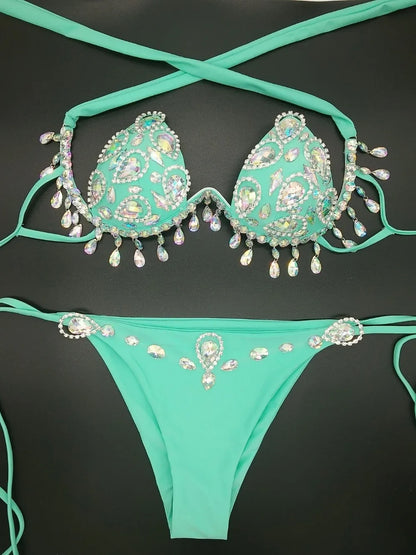 Sparkling Rhinestone Tassel Costume Bikini Set – Shimmering Crystal Fringe Bra & Belt Set for GoGo Dancers, Raves & Stage Performances