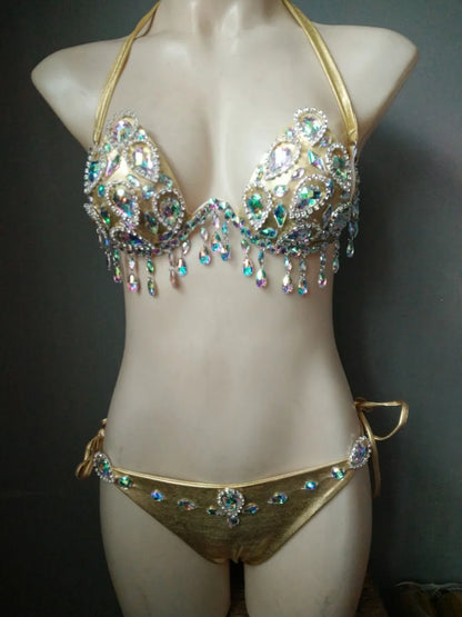 Sparkling Rhinestone Tassel Costume Bikini Set – Shimmering Crystal Fringe Bra & Belt Set for GoGo Dancers, Raves & Stage Performances