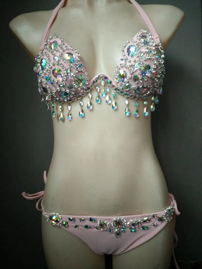 Sparkling Rhinestone Tassel Costume Bikini Set – Shimmering Crystal Fringe Bra & Belt Set for GoGo Dancers, Raves & Stage Performances