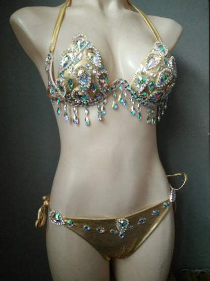 Sparkling Rhinestone Tassel Costume Bikini Set – Shimmering Crystal Fringe Bra & Belt Set for GoGo Dancers, Raves & Stage Performances