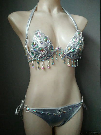 Sparkling Rhinestone Tassel Costume Bikini Set – Shimmering Crystal Fringe Bra & Belt Set for GoGo Dancers, Raves & Stage Performances