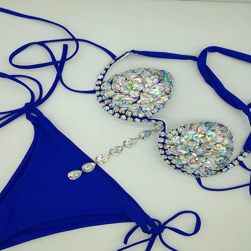Geometric Bandage Tassel Bikini Set – Shimmering Rhinestone Fringe Swimsuit & Crystal Waist Accent Bathing Suit for Beach Clubs