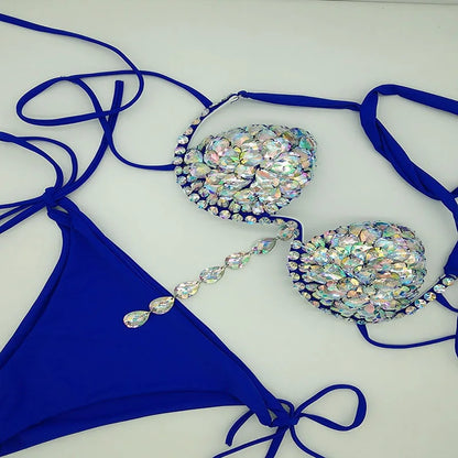 Geometric Bandage Tassel Bikini Set – Shimmering Rhinestone Fringe Swimsuit & Crystal Waist Accent Bathing Suit for Beach Clubs