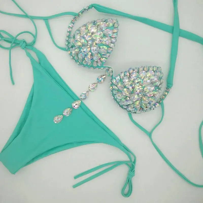 Geometric Bandage Tassel Bikini Set – Shimmering Rhinestone Fringe Swimsuit & Crystal Waist Accent Bathing Suit for Beach Clubs