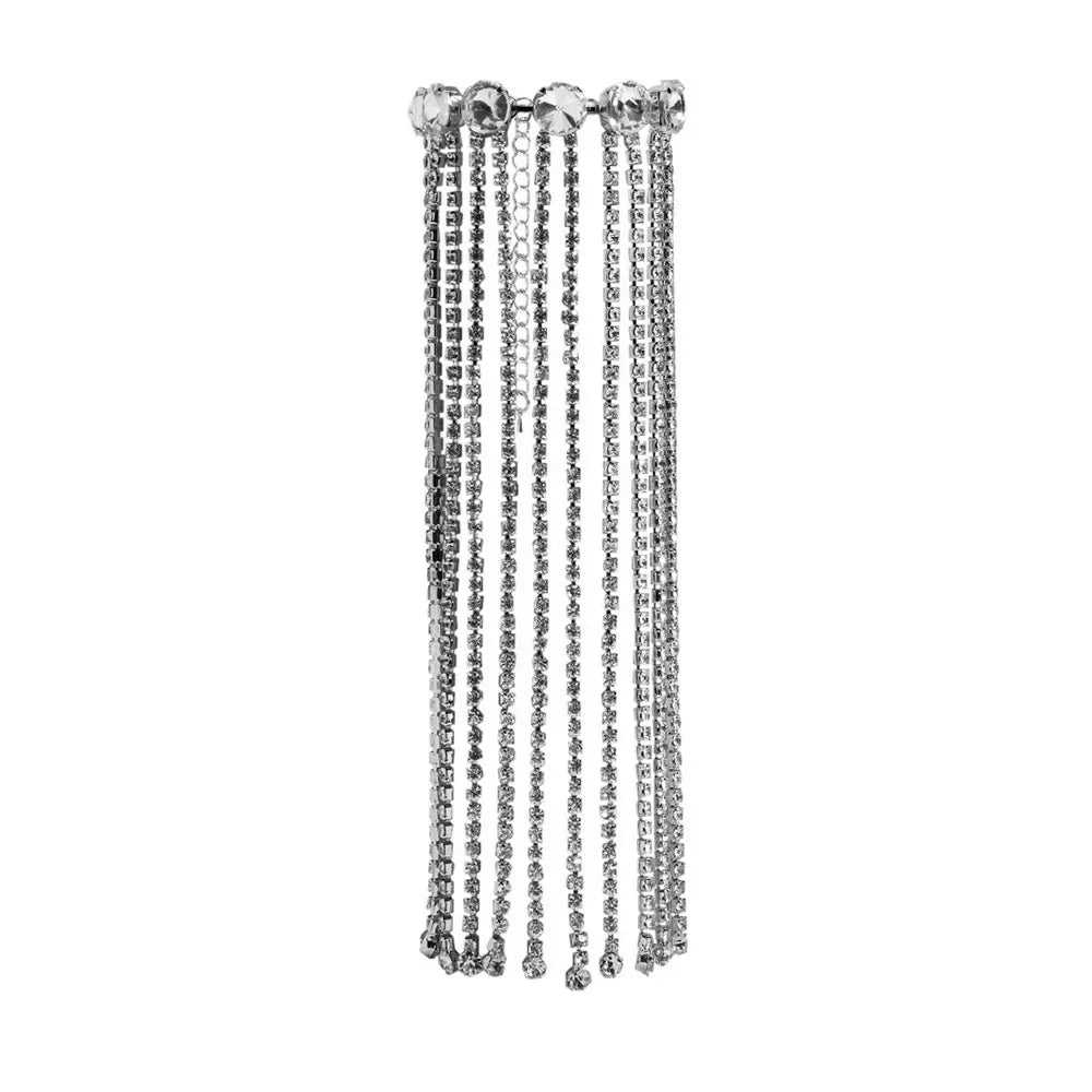 Rhinestone Long Tassel Hand Bracelet – Hollow Geometric Wristband & Cascading Crystal Fringe Cuff for Raves, Festivals & Clubwear