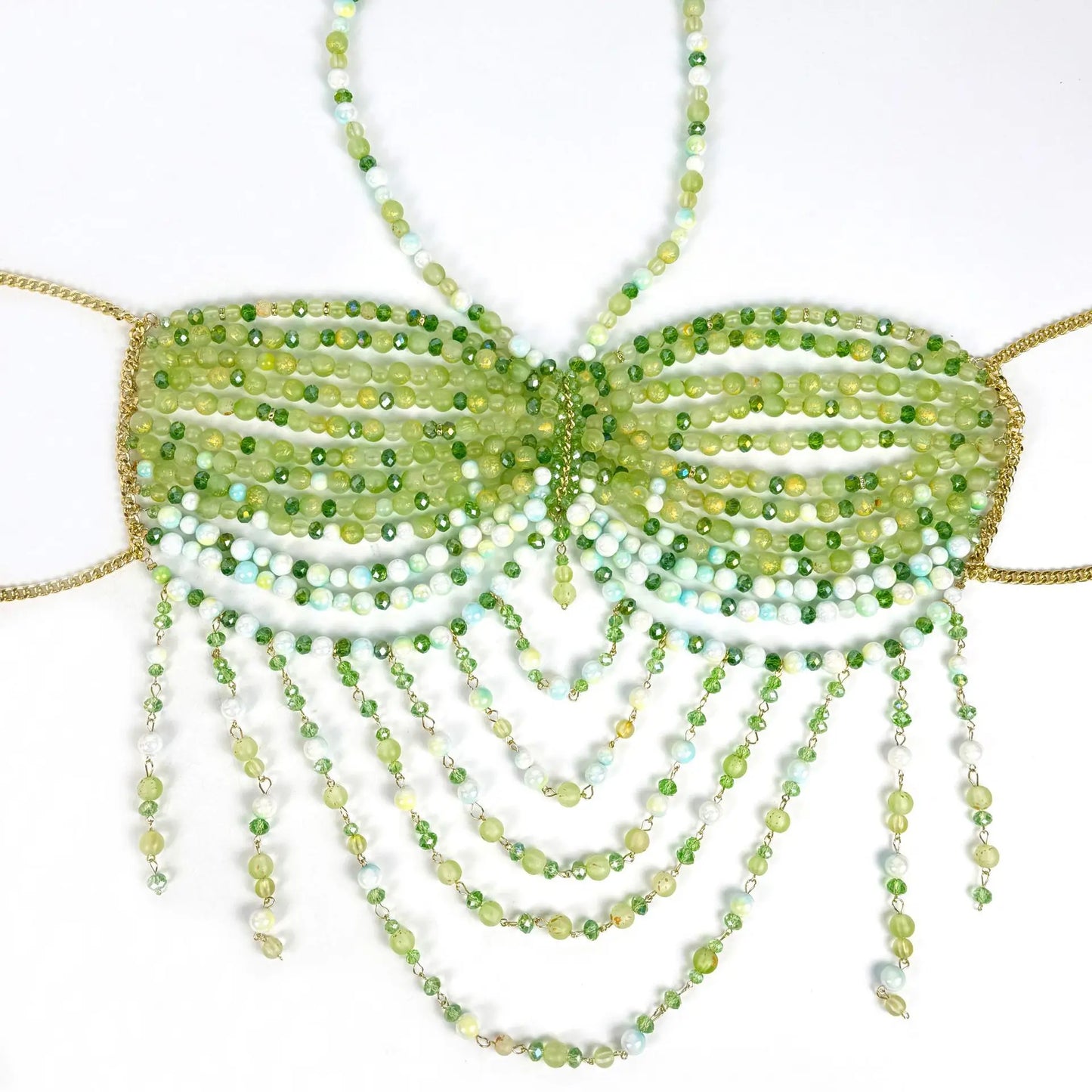 The Stardust Emerald Goddess – Handmade Green Rhinestone & Beaded Tassel Body Chain Halter Top