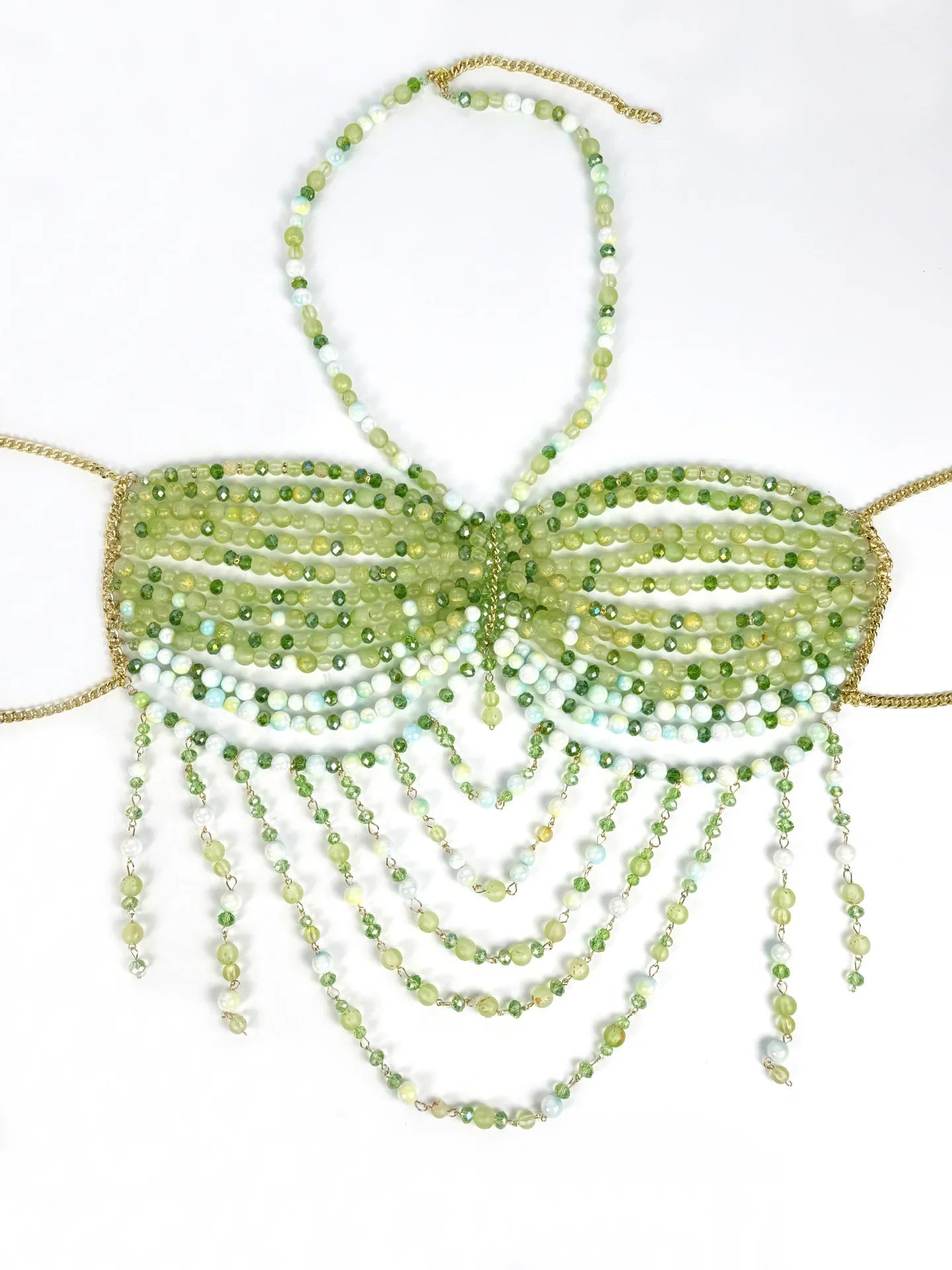The Stardust Emerald Goddess – Handmade Green Rhinestone & Beaded Tassel Body Chain Halter Top