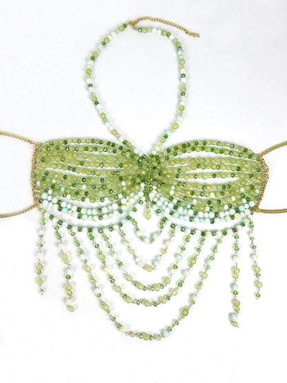The Stardust Emerald Goddess – Handmade Green Rhinestone & Beaded Tassel Body Chain Halter Top