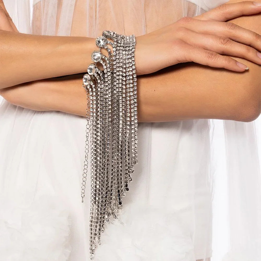 Rhinestone Long Tassel Hand Bracelet – Hollow Geometric Wristband & Cascading Crystal Fringe Cuff for Raves, Festivals & Clubwear